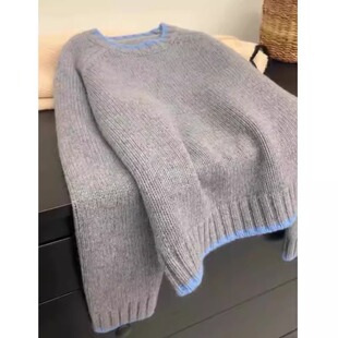 圆领撞色baby小山羊绒衫 毛衣 女欧货高端宽松慵懒加厚高级感打底衫