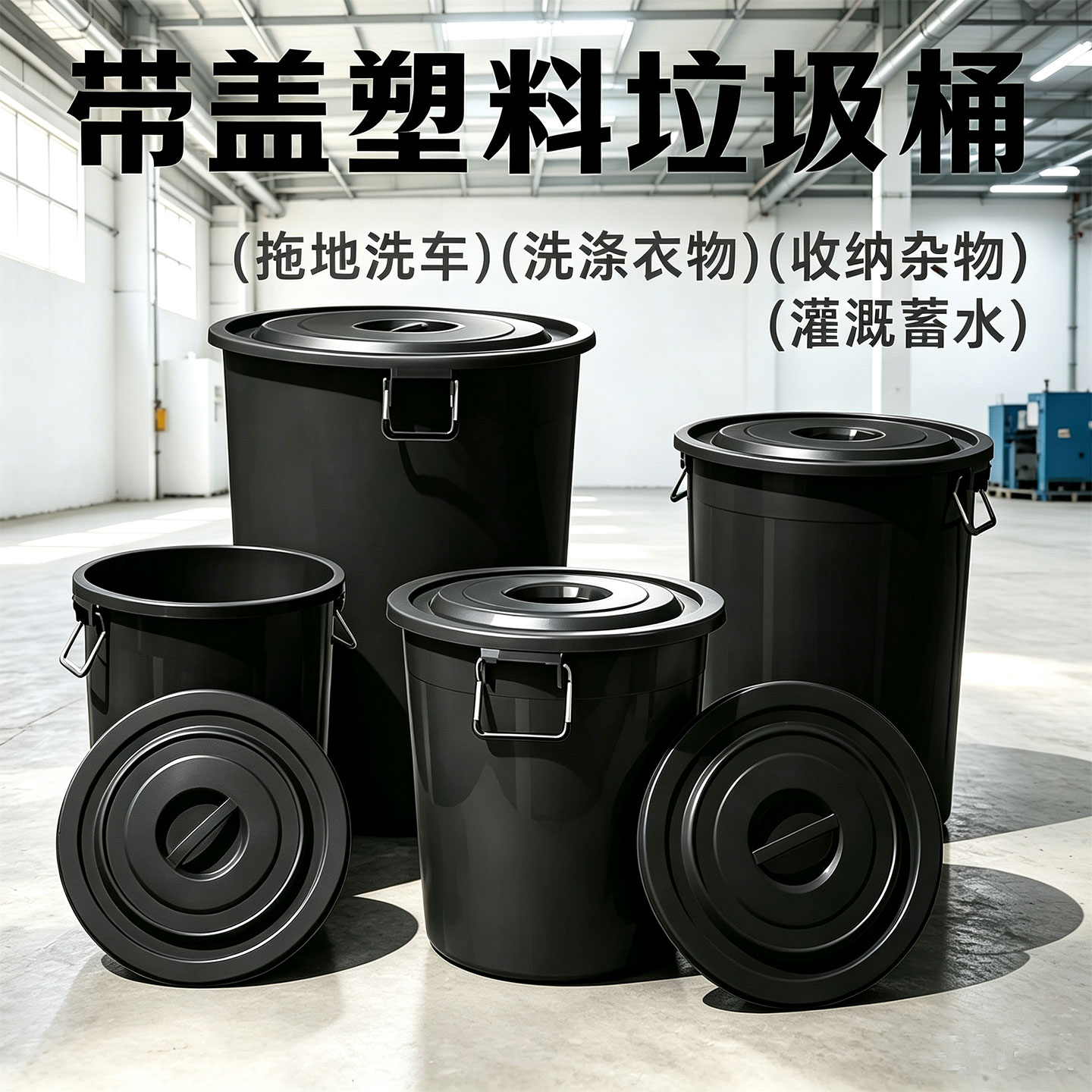 黑色加盖垃圾桶圆形塑料水桶厨房酒店工厂工业户外商用超大垃圾桶