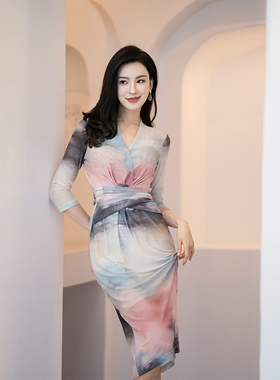 COSODVFUR法式复古印花网纱连衣裙女V领长袖收腰显身材包臀裹身裙