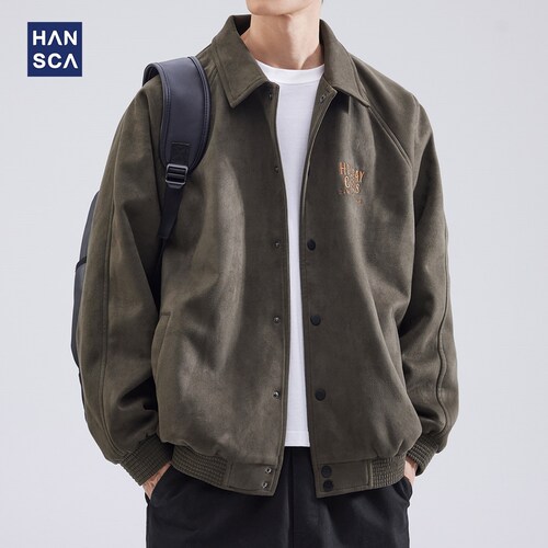 hansca麂皮绒翻领夹克男2026春秋季新款重磅美式复古潮牌休闲外套