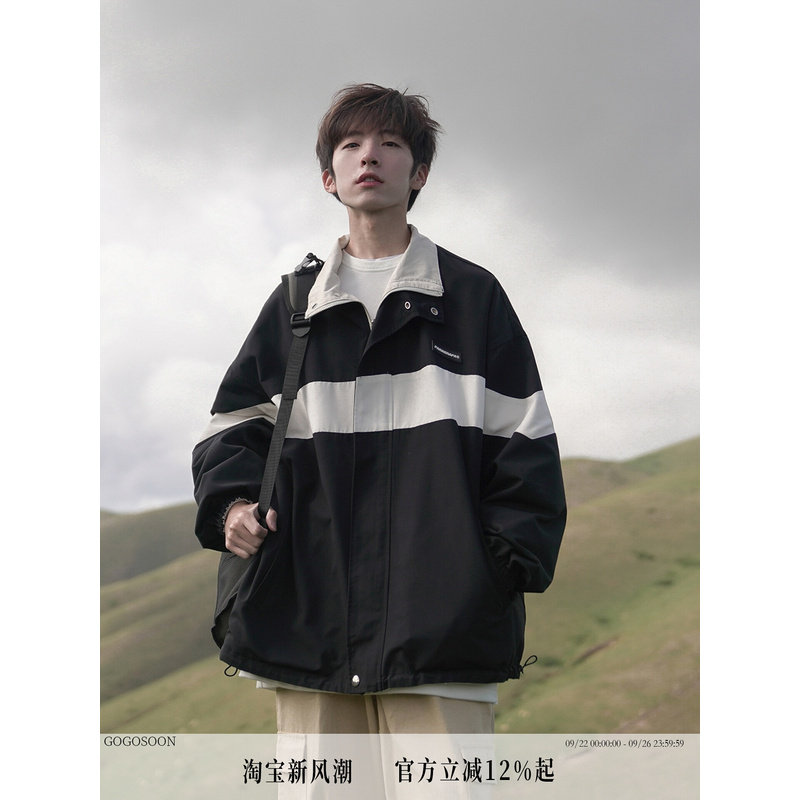 GOGOSOON外套男2026新款春秋拼接夹克学生日系休闲复古痞帅双面穿