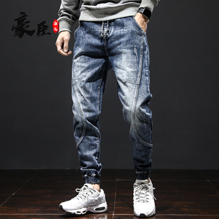 香港秋季款工装牛仔裤男束脚松紧腰宽松束腿收脚哈伦痞帅高级潮牌