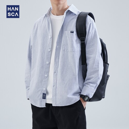 hansca 条纹衬衫男高级感2026年春季日系cityboy纯棉蓝色衬衣外套