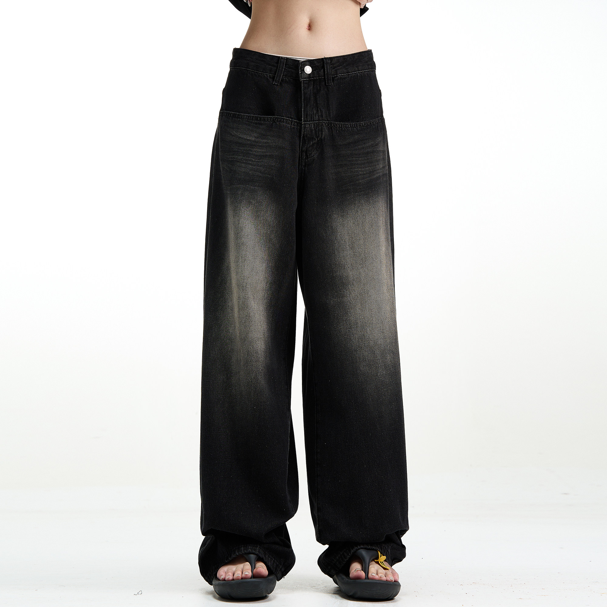 MADWITCH复古水洗垂感宽松牛仔裤男女黑色直筒阔腿裤oversize裤子