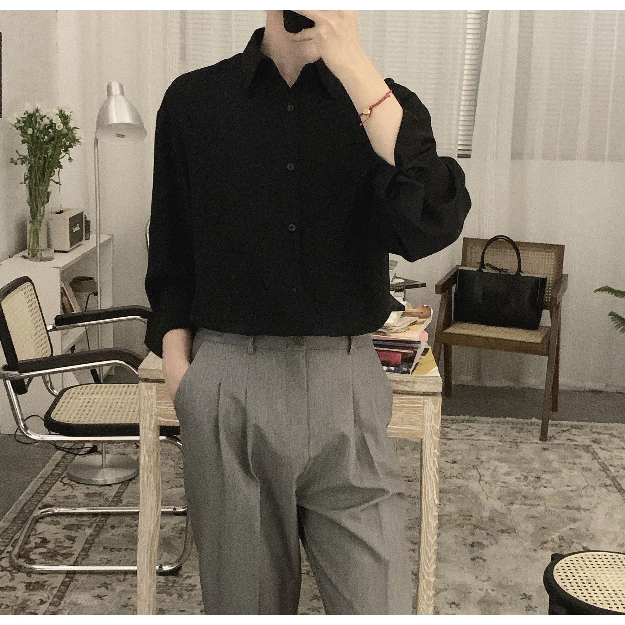 阿茶与阿古黑色垂感衬衫男韩版长袖潮流夏季薄款丝滑宽松情侣衬衫