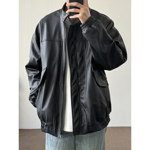 ONUN 复古机车荔枝纹皮衣夹克秋冬日系宽松休闲立领外套男女 美式