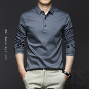 春秋季男士翻领长袖T恤纯棉POLO衫高端丝光棉打底衫2025冰丝男装