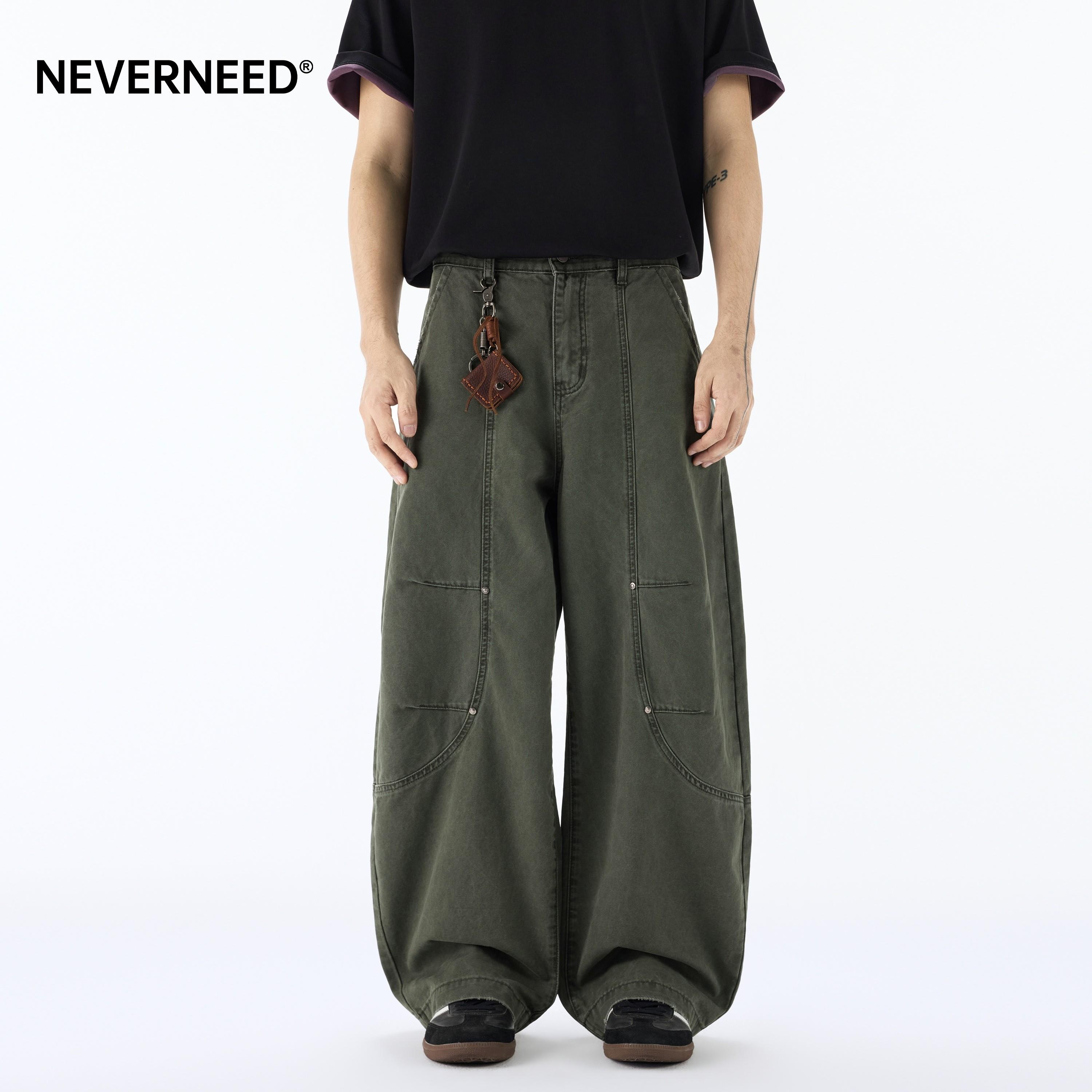 NEVERNEED解构工装休闲裤男女春季美式cleanfit宽松拼接弯刀裤子图片