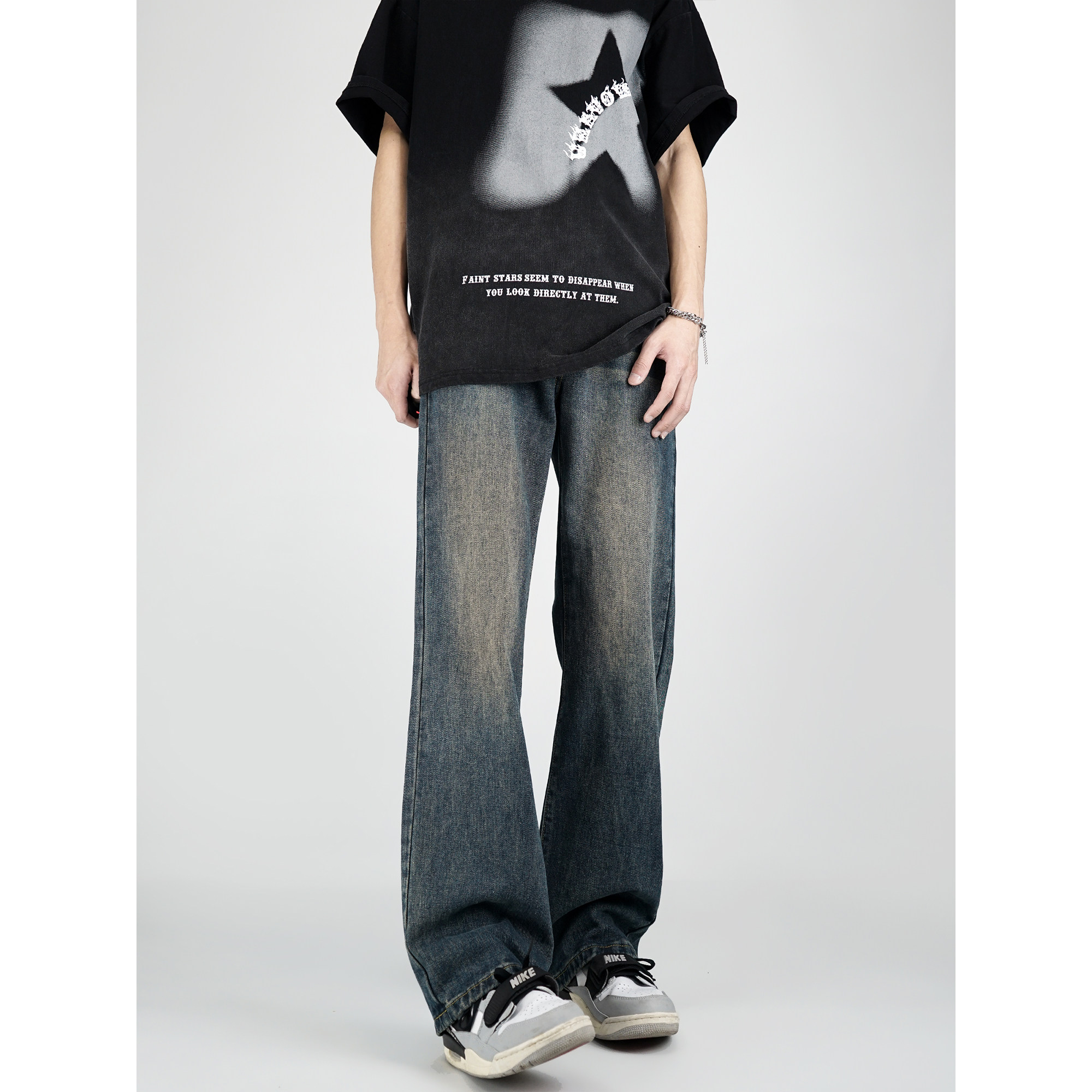 小柯XCOK美式高街复古蓝色微喇牛仔裤男款水洗宽松直筒修身长裤子