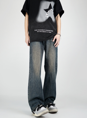 小柯XCOK美式高街复古蓝色微喇牛仔裤男款水洗宽松直筒修身长裤子