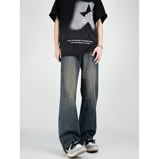 小柯XCOK美式高街复古蓝色微喇牛仔裤男款水洗宽松直筒修身长裤子