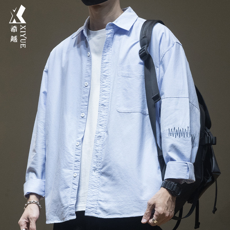 夏季潮流蓝色衬衫男长袖工装休闲衬衣款男士春秋大码纯棉秋冬外套