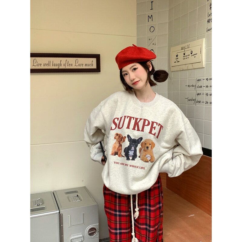 TC STORE SUTK国潮秋冬美式复古小狗宽松圆领套头卫衣男女情侣
