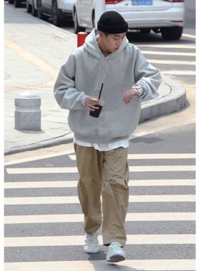 Batterup秋冬新款外套美式宽松纯色oversize灰色连帽卫衣男潮加绒