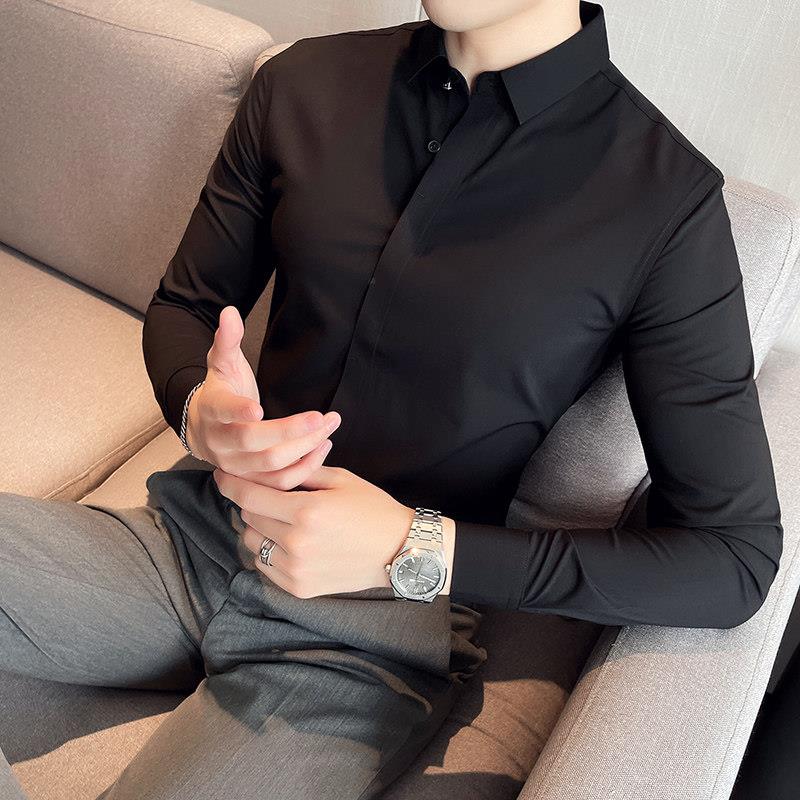 衬衫男士夏季新款长袖黑色无痕抗皱高级感商务休闲 修身短袖衬衫