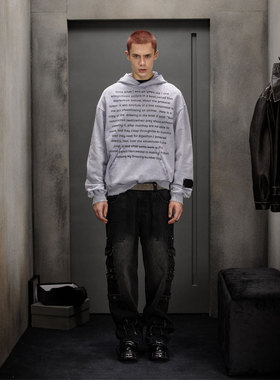 CMF秋冬复古重磅连帽紫色卫衣男士宽松oversize字母满印潮牌上衣