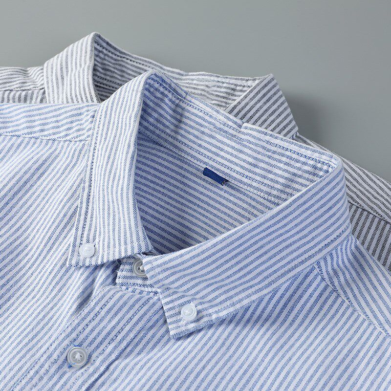 男士牛津纺纯棉长袖条纹衬衫2025秋冬季新款内搭加绒蓝色打底衬衣