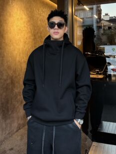 秋冬美式500克重磅加绒加厚连帽卫衣男高领时尚百搭宽松落肩上衣