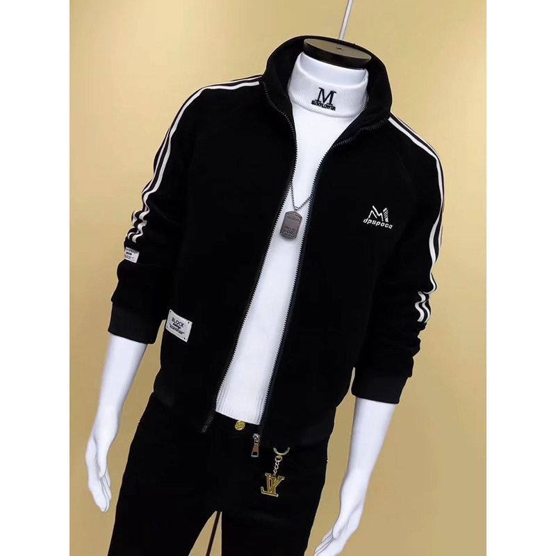 男士夹克外套秋冬季加厚休闲韩版修身立领条纹百搭短款潮流上衣男