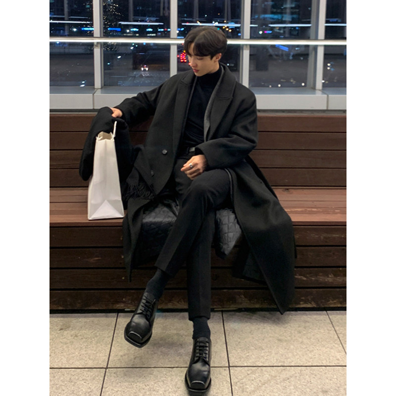 男士冬季韩式高端过膝风衣宽松覆古加厚羊毛外套新潮