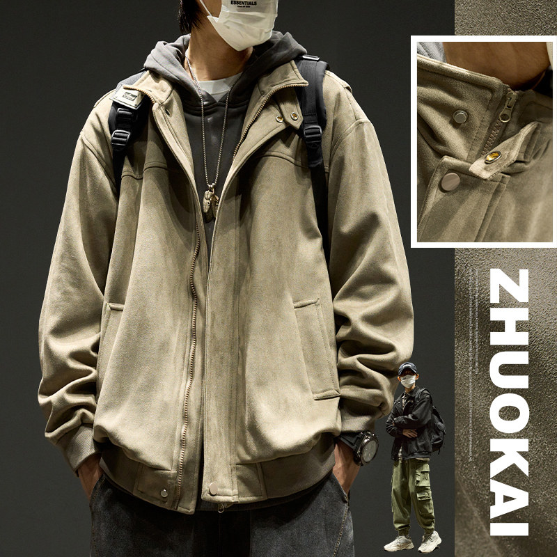 麂皮绒夹克外套男士冬季加厚棉衣美式潮牌痞帅男生秋冬款休闲上衣