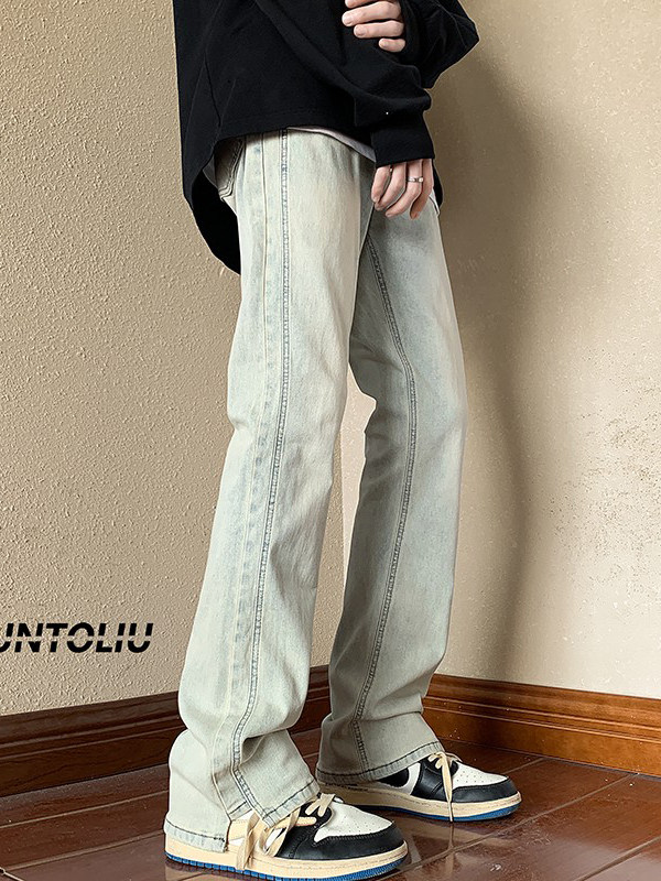 美式微喇牛仔裤男新款高街vibe黄泥直筒裤潮牌复古百搭休闲长裤子