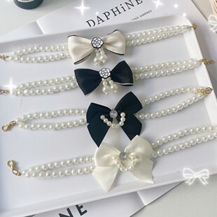 ins法式小香风宠物蝴蝶结双层珍珠项链猫咪狗狗串珠项圈颈链围脖