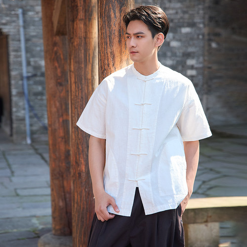 棉麻茶服中式风复古盘扣短袖衬衫