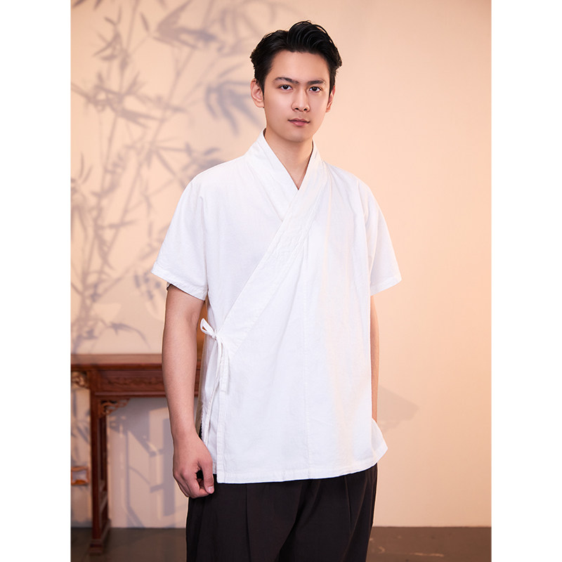 【照本堂】2026夏季新款男装20支棉麻系带短袖汉服M13009