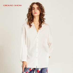 阁兰秀2025春秋新品 白色长袖 大V领衬衫 通勤宽松轻奢简约上衣女装