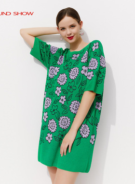 Ground Show/阁兰秀青绿针织提花连衣裙短袖2025夏季新款高端典雅