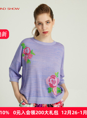 Ground Show/阁兰秀2025年春新款提花针织套头衫圆领中袖直筒宽松