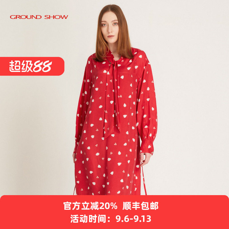 阁兰秀2026年春秋红色波点A字连衣裙女灯笼袖系带中长款浪漫裙子