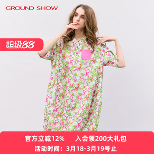 阁兰秀夏新品短袖印花纯棉衬衫连衣裙全棉假日田园风女装花卉裙子