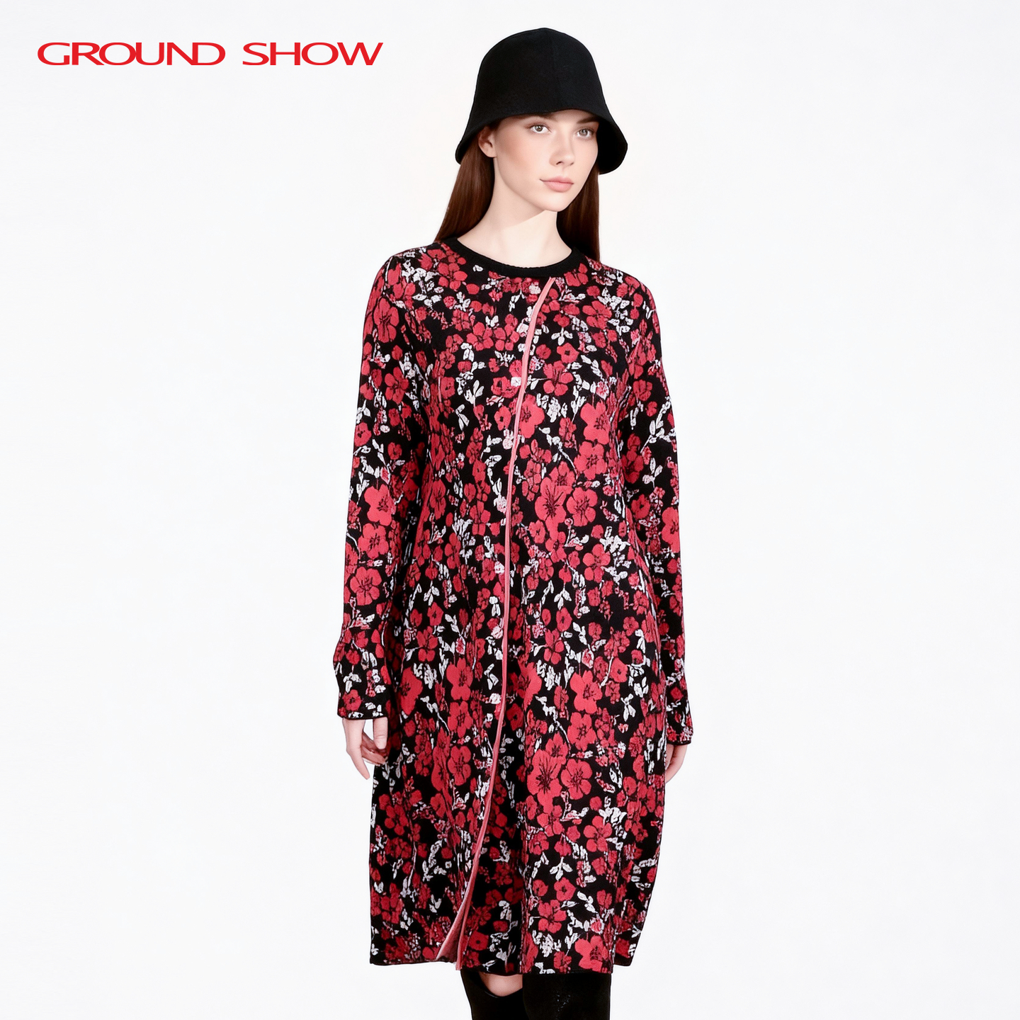 【100%绵羊毛】阁兰秀2025秋冬新品小碎花提花针织连衣裙商场同款