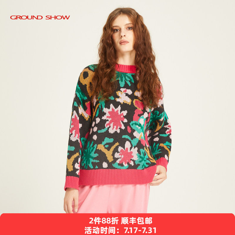 阁兰秀秋冬时尚粗针提花含羊毛套头衫女圆领宽松减龄厚款针织毛衣