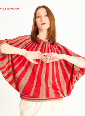 Ground Show/阁兰秀夏季新款提花针织衫条纹圆领五分袖宽松蝙蝠衫