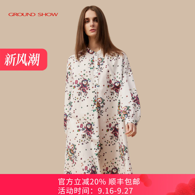 阁兰秀2026年春季新品长袖小立领白色印花纯棉衬衫连衣裙减龄女装