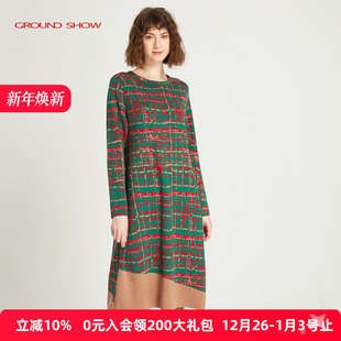 阁兰秀秋冬羊毛提花针织长袖 A字格纹毛衣裙 连衣裙圆领套头中长款