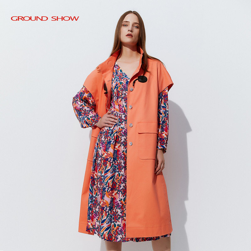 Ground Show/阁兰秀2023春季女士半高领风衣高级设计感披风背心女