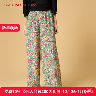 印花松紧腰休闲直筒宽松阔腿长裤 阁兰秀2025秋季 子 亚麻棉混纺