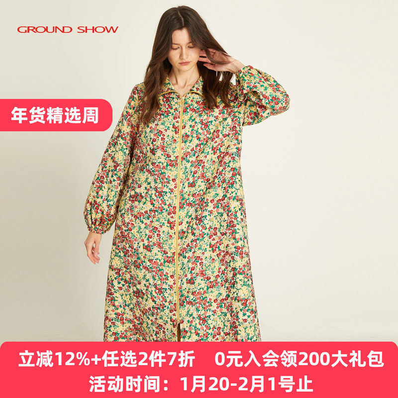 Ground Show/阁兰秀碎花提花长款外套长袖束口翻领拉链设计风衣女,女装/女士精品,短外套,淘宝优惠券,粉丝福利购,淘宝优惠卷