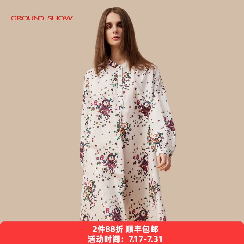阁兰秀2026年春季新品长袖小立领白色印花纯棉衬衫连衣裙减龄女装