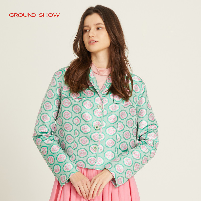 阁兰秀2026年春季新款浅绿色短款印花外套女翻领直筒宽松气质减龄