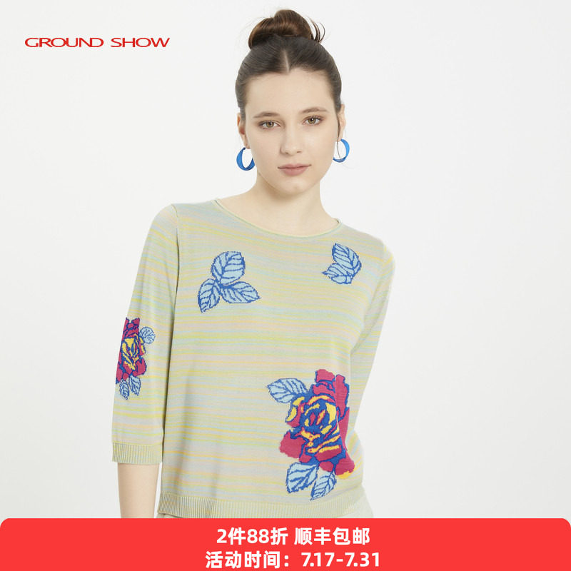 Ground Show/阁兰秀2026春季新款提花针织衫圆领套头七分袖上衣女