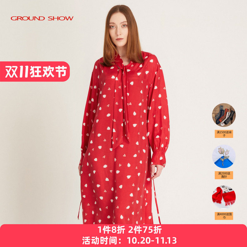 阁兰秀2026年春秋红色波点A字连衣裙女灯笼袖系带中长款浪漫裙子