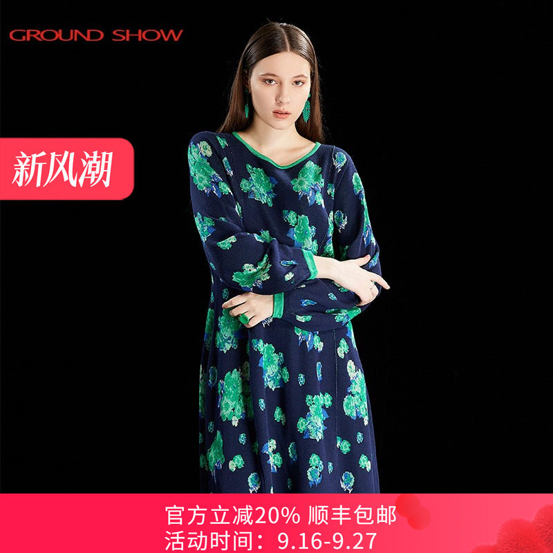 【高捻棉羊毛混纺】阁兰秀新品长袖提花针织连衣裙商场同款女装