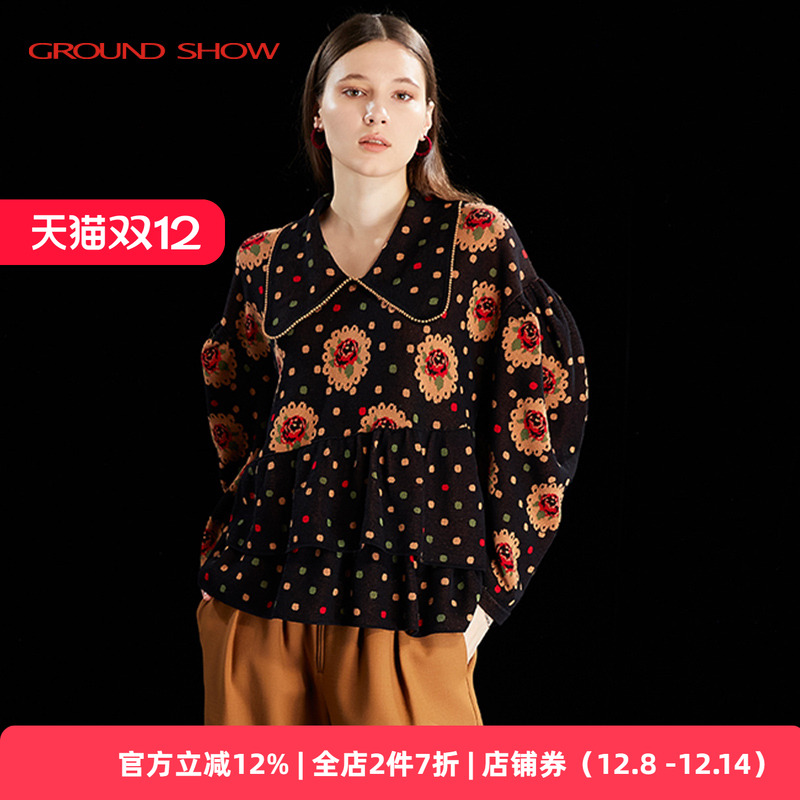 【高捻棉】阁兰秀秋冬新品娃娃领高级提花针织套头衫商场同款女装