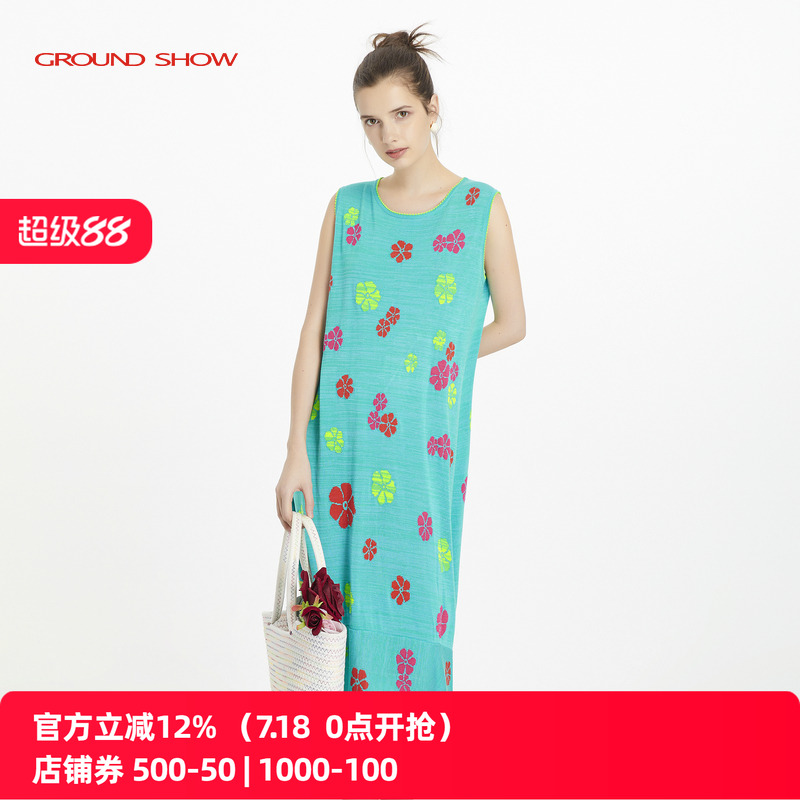 阁兰秀提花针织连衣裙无袖背心裙女圆领直筒宽松不规则裙摆中长款