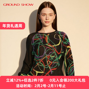 阁兰秀2025秋冬新品黑色插肩袖波普提花针织套头衫女宽松圆领毛衣